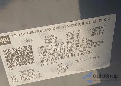 2025 Chevrolet Equinox Awd Lt z USA, uszkodzony, nr VIN 3GNAXPEG6SL190107